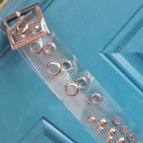 Metal Studded Clear Plastic Belt Silver Grommets Rivets Extra Long Neutral Tone - Picture 4 of 8